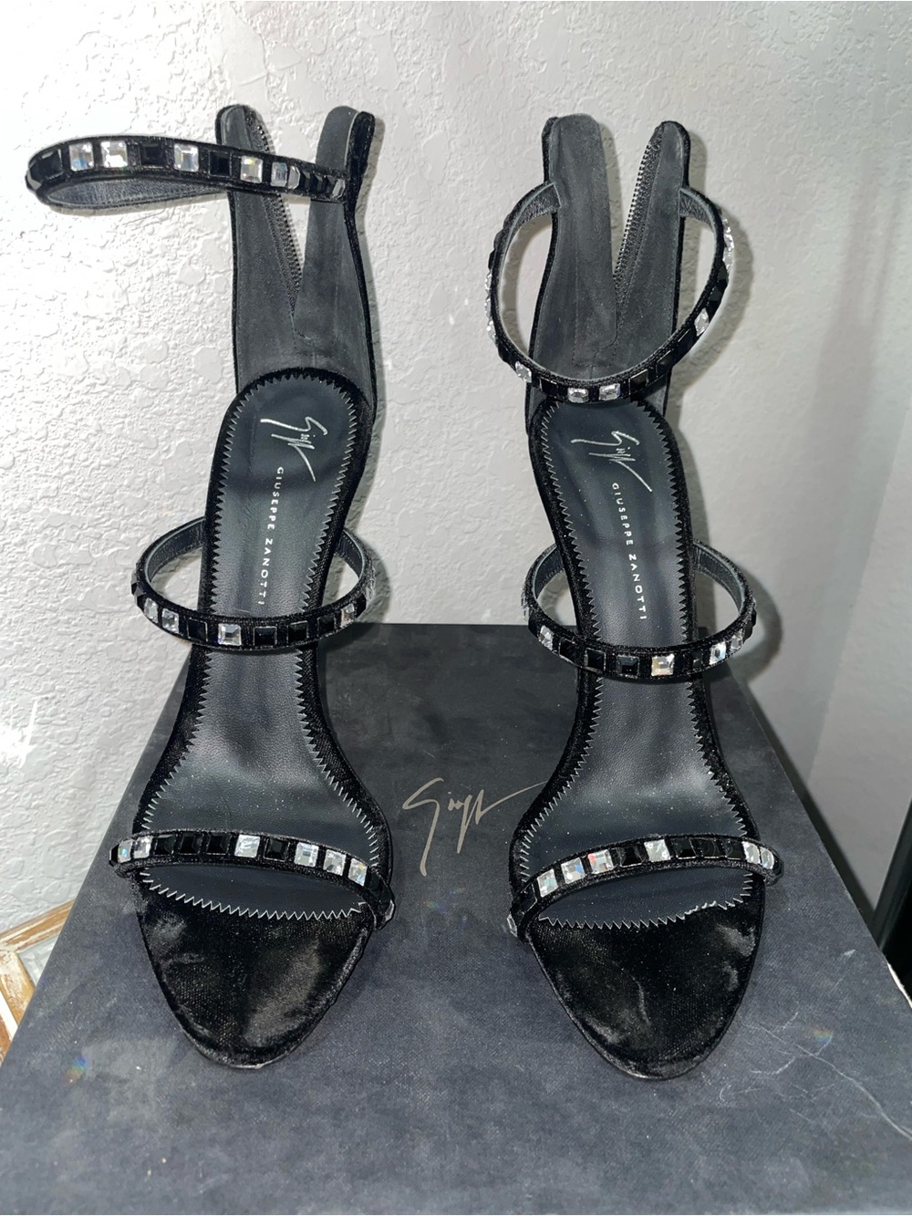 Giuseppe Zanotti Black Velvet Jeweled Strappy Heels